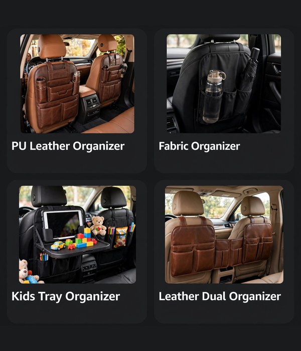 Illustration of four backseat organizer styles: PU leather, fabric, kids tray, and leather dual