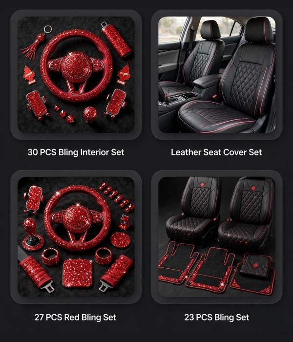 Illustration of bling interior sets: steering wheel covers, accents and seat covers