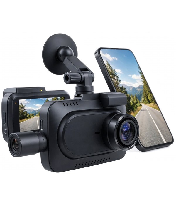 Illustration of a front and rear dash cam with a phone