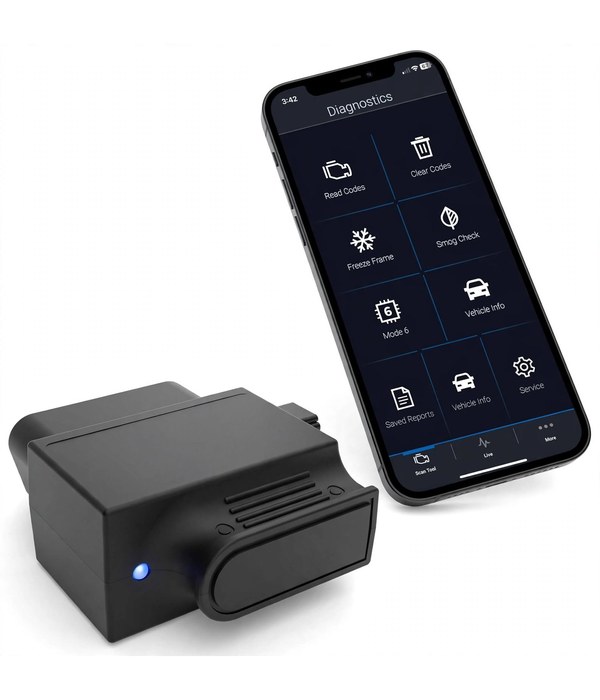 Illustration of a Bluetooth OBD2 scanner with a phone app