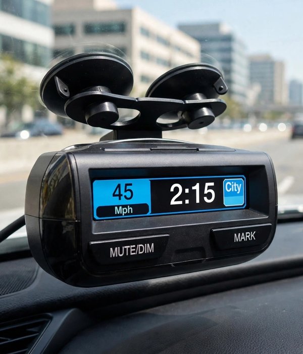 Illustration of a radar detector mounted on a windshield
