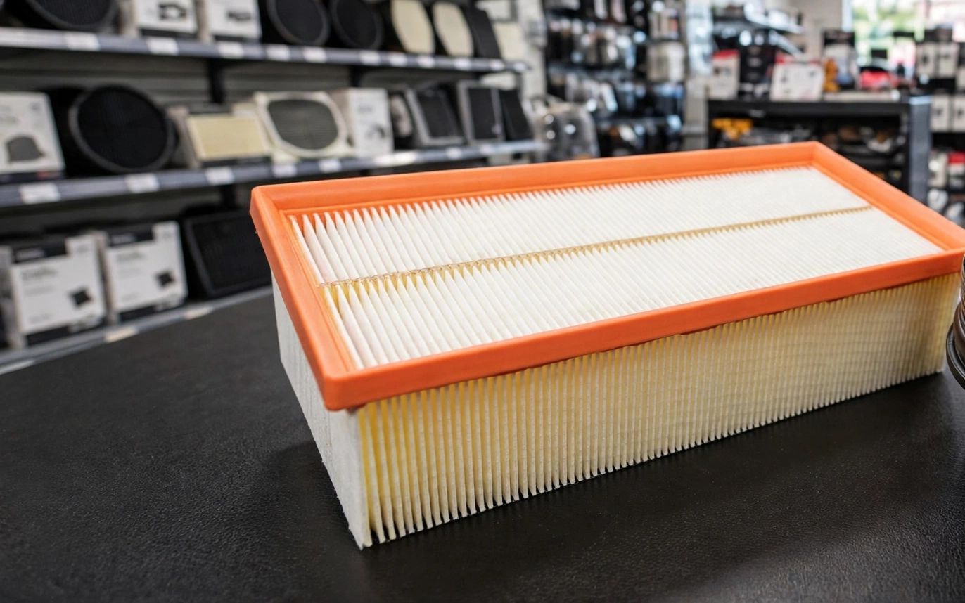 Engine air filter on an auto parts store counter