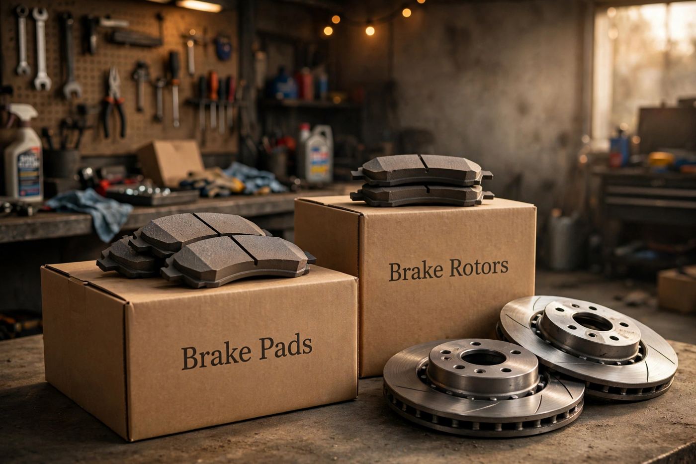 Brake pads and brake rotors on a garage workbench