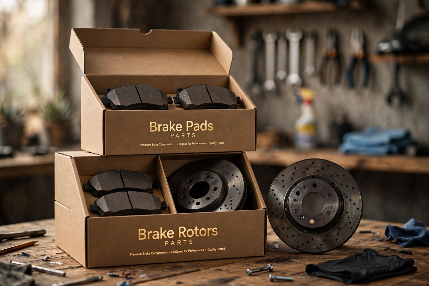 Brake rotors and brake pads in boxes on a workshop table