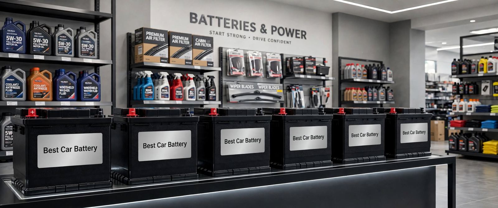 Car batteries on display in an auto parts store
