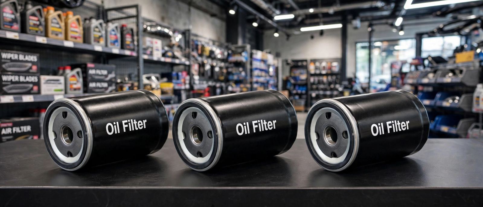 Three spin-on car oil filters on an auto parts store counter