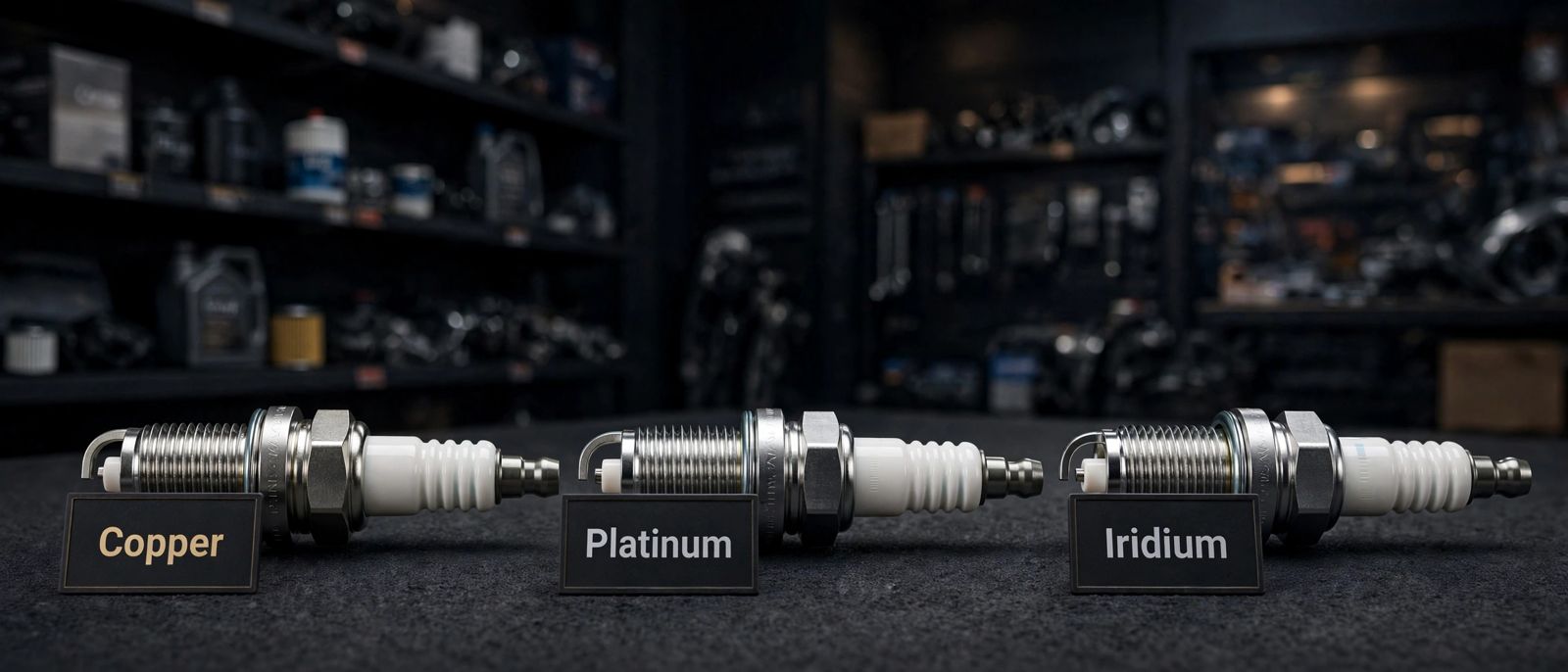 Copper, platinum, and iridium spark plugs side by side
