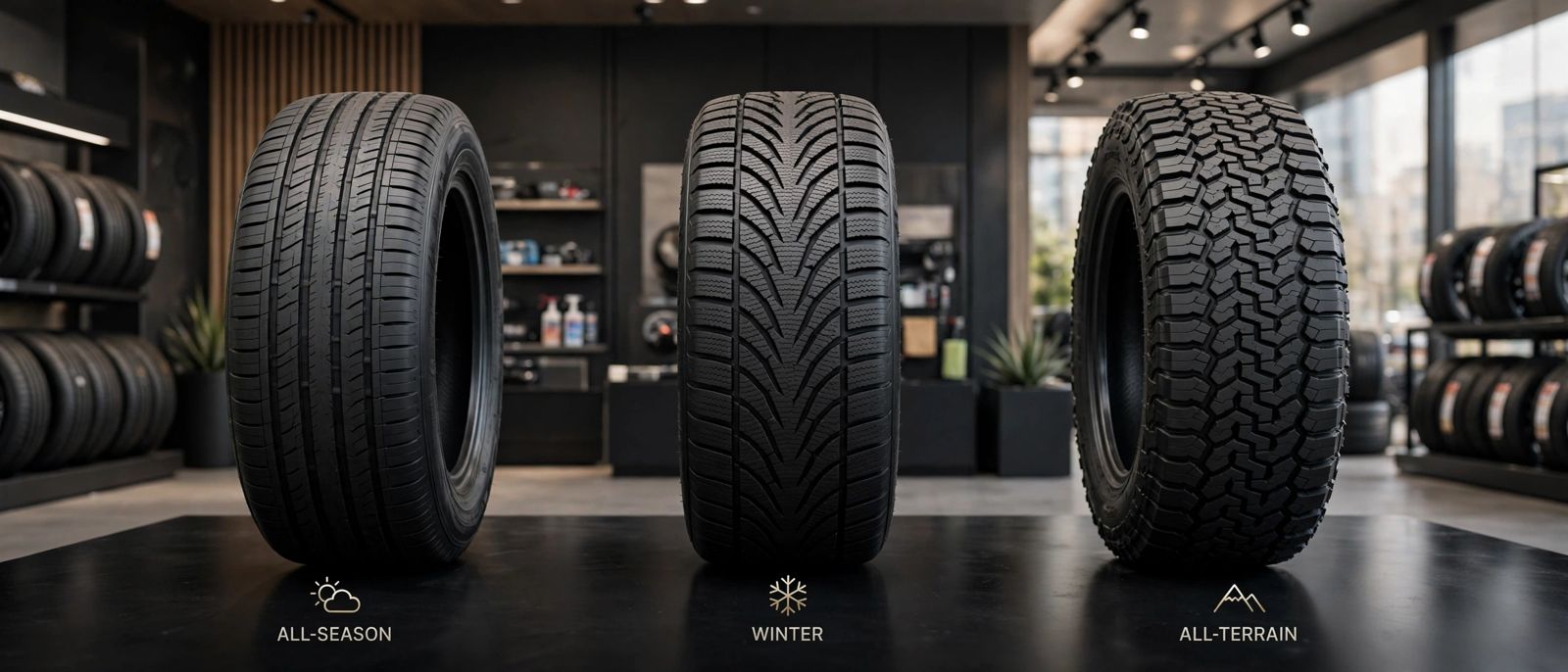 All-season, winter, and all-terrain tires compared side by side
