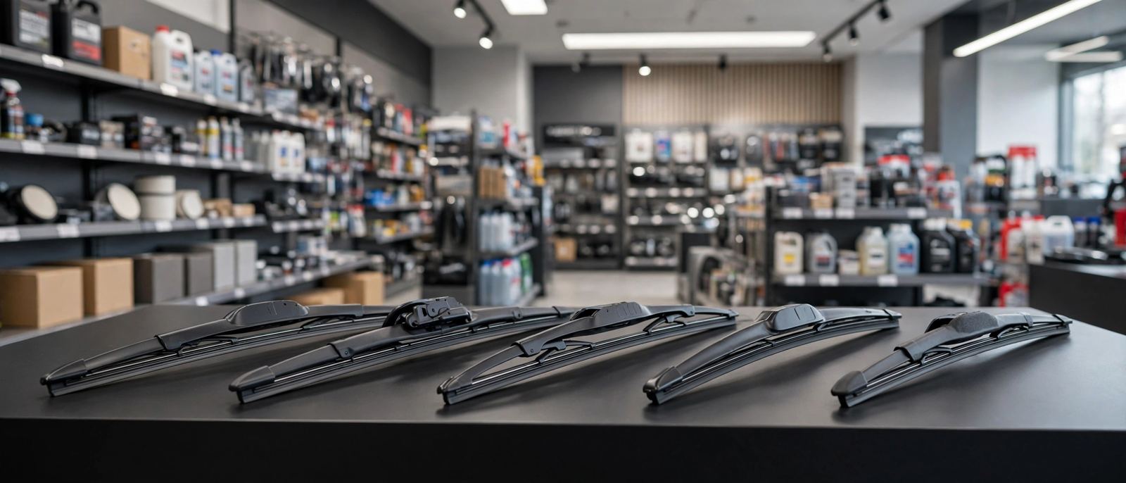 Different types of wiper blades on display in an auto parts store